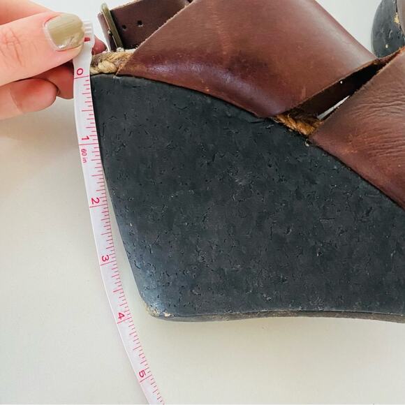 FP FREE PEOPLE Burgundy Brown Leather Vachetta Rose Wedge Sandals Tan Rope 8.5 - Picture 12 of 16